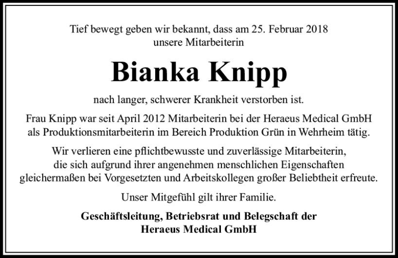  Traueranzeige für Bianka Knipp vom 10.03.2018 aus  Usinger Anzeiger
