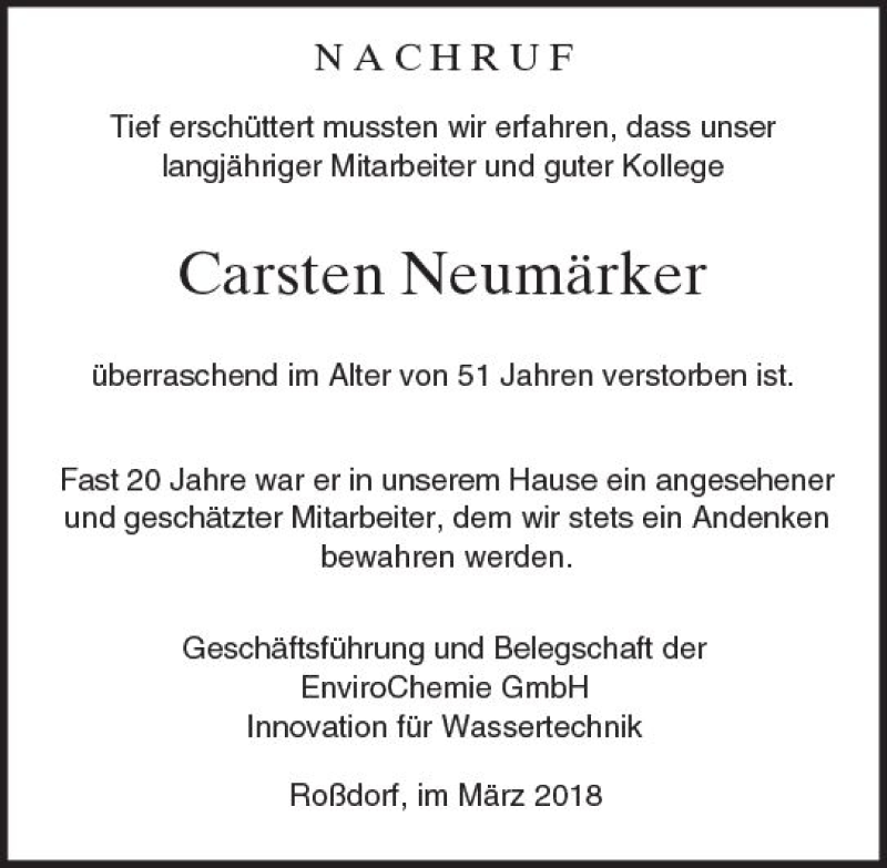  Traueranzeige für Carsten Neumärker vom 17.03.2018 aus Trauerportal Rhein Main Presse