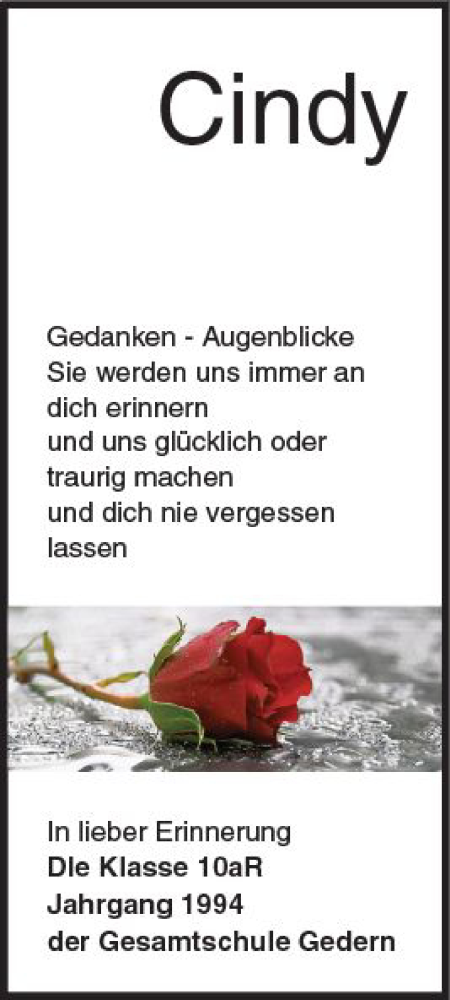  Traueranzeige für Cindy  vom 20.03.2018 aus  Kreisanzeiger