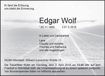 Traueranzeige von Edgar Wolf von Trauerportal Rhein Main Presse