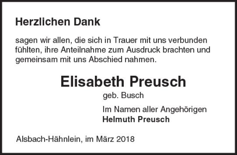 Traueranzeige für Elisabeth Preusch vom 17.03.2018 aus Trauerportal Rhein Main Presse
