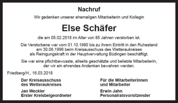 Traueranzeige von Else Schäfer von  Kreisanzeiger