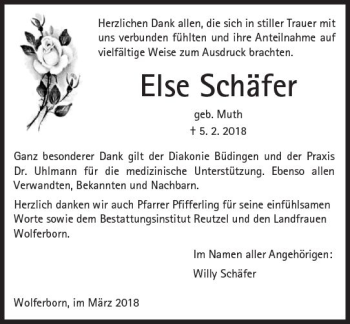 Traueranzeige von Else Schäfer von  Kreisanzeiger