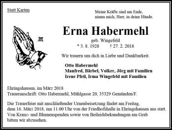Traueranzeige von Erna Habermehl von VRM Trauer