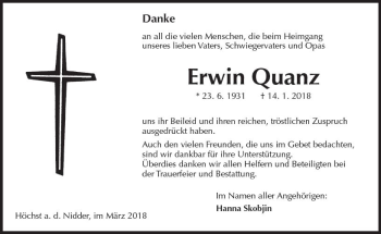 Traueranzeige von Erwin Quanz von  Kreisanzeiger