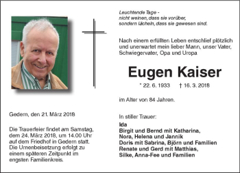 Traueranzeige von Eugen Kaiser von  Kreisanzeiger