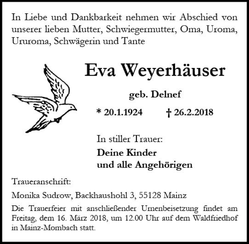  Traueranzeige für Eva Weyerhäuser vom 10.03.2018 aus Trauerportal Rhein Main Presse
