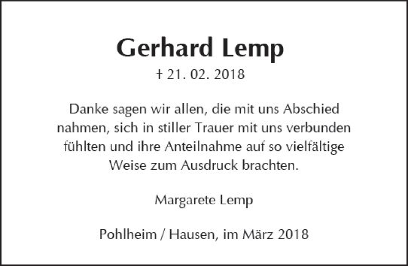  Traueranzeige für Gerhard Lemp vom 17.03.2018 aus  Gießener Anzeiger