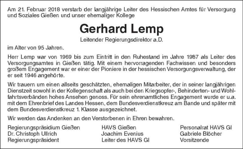  Traueranzeige für Gerhard Lemp vom 09.03.2018 aus  Gießener Anzeiger