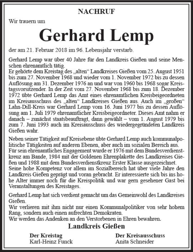  Traueranzeige für Gerhard Lemp vom 03.03.2018 aus  Gießener Anzeiger
