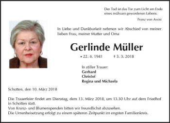 Traueranzeige von Gerlinde Müller von  Kreisanzeiger