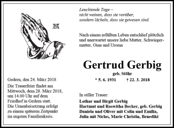 Traueranzeige von Gertrud Gerbig von  Kreisanzeiger