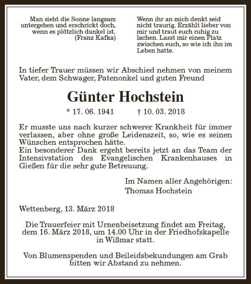  Traueranzeige für Günter Hochstein vom 13.03.2018 aus  Gießener Anzeiger