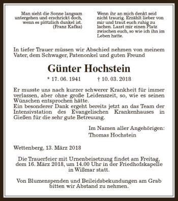 Traueranzeige von Günter Hochstein von  Gießener Anzeiger