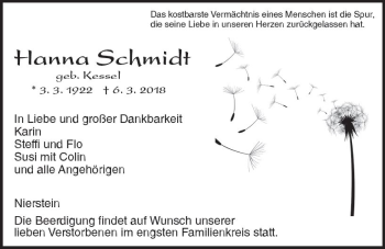 Traueranzeige von Hanna Schmidt von Trauerportal Rhein Main Presse