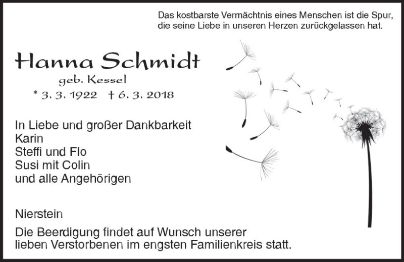  Traueranzeige für Hanna Schmidt vom 17.03.2018 aus Trauerportal Rhein Main Presse