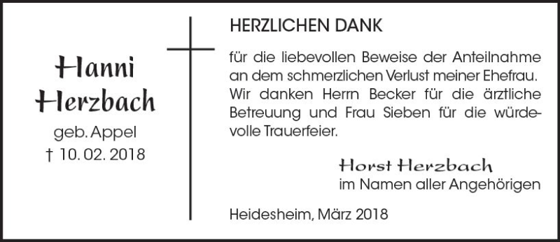  Traueranzeige für Hanni Herzbach vom 24.03.2018 aus Trauerportal Rhein Main Presse