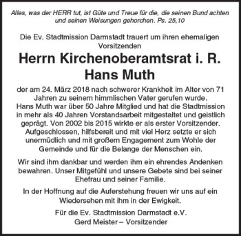 Traueranzeige von Hans Muth von Trauerportal Rhein Main Presse