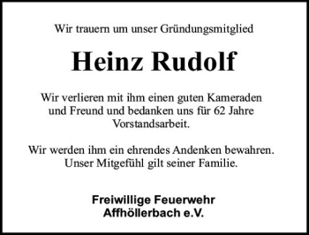 Traueranzeige von Heinz Rudolf von Trauerportal Rhein Main Presse