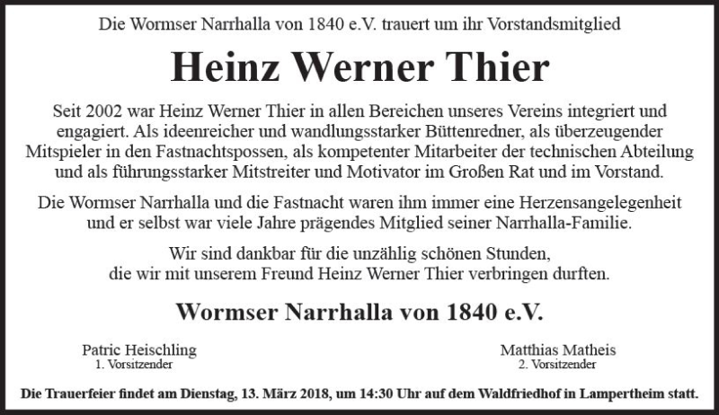  Traueranzeige für Heinz Werner Thier vom 07.03.2018 aus Trauerportal Rhein Main Presse