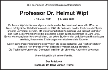 Traueranzeige von Helmut Wipf von Trauerportal Rhein Main Presse