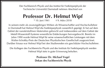 Traueranzeige von Helmut Wipf von Trauerportal Rhein Main Presse