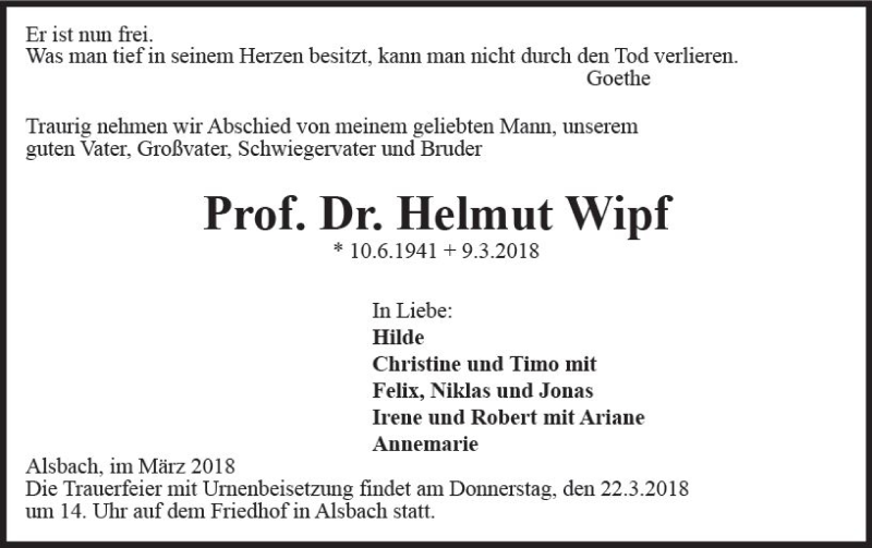  Traueranzeige für Helmut Wipf vom 17.03.2018 aus Trauerportal Rhein Main Presse