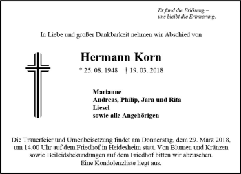 Traueranzeige von Hermann Korn von Trauerportal Rhein Main Presse