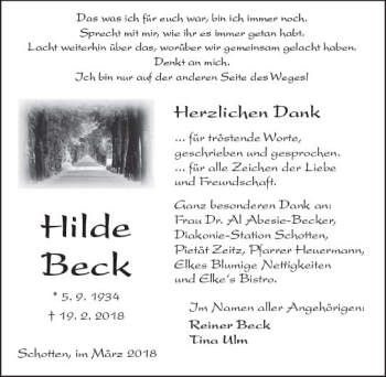 Traueranzeige von Hilde Beck von  Kreisanzeiger