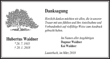 Traueranzeige von Hubertus Waidner von VRM Trauer