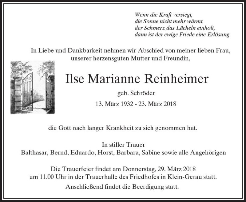  Traueranzeige für Ilse Marianne Reinheimer vom 27.03.2018 aus Trauerportal Rhein Main Presse