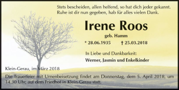 Traueranzeige von Irene Roos von Trauerportal Rhein Main Presse