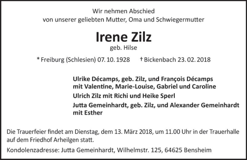  Traueranzeige für Irene Zilz vom 10.03.2018 aus Trauerportal Rhein Main Presse
