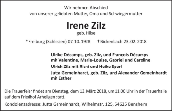 Traueranzeige von Irene Zilz von Trauerportal Rhein Main Presse