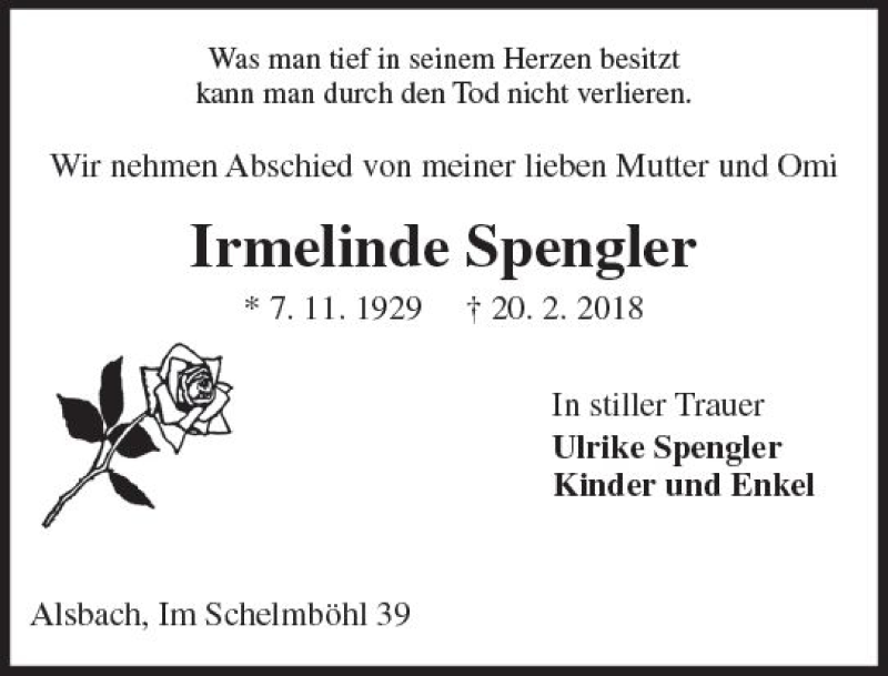  Traueranzeige für Irmelinde Spengler vom 03.03.2018 aus Trauerportal Rhein Main Presse