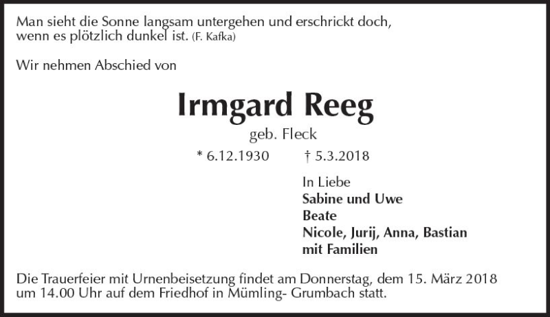  Traueranzeige für Irmgard Reeg vom 10.03.2018 aus Trauerportal Rhein Main Presse