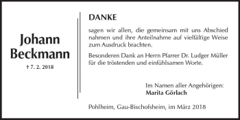 Traueranzeige von Johann Beckmann von Trauerportal Rhein Main Presse