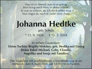 Traueranzeige von Johanna Hedtke von  Kreisanzeiger