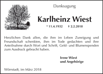 Traueranzeige von Karlheinz Wiest von Trauerportal Rhein Main Presse
