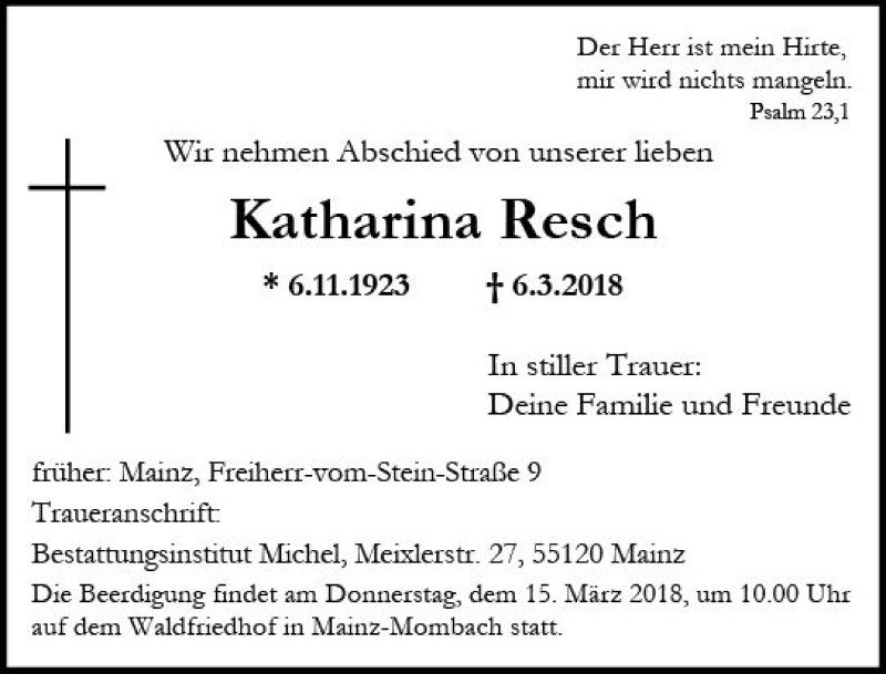  Traueranzeige für Katharina Resch vom 10.03.2018 aus Trauerportal Rhein Main Presse