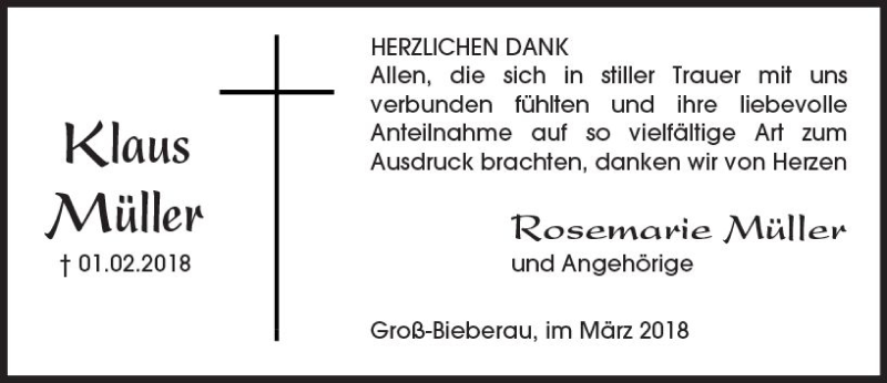  Traueranzeige für Klaus Müller vom 03.03.2018 aus Trauerportal Rhein Main Presse