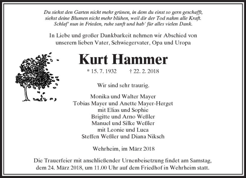  Traueranzeige für Kurt Hammer vom 20.03.2018 aus  Usinger Anzeiger