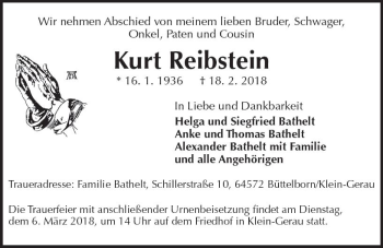 Traueranzeige von Kurt Reibstein von Trauerportal Rhein Main Presse