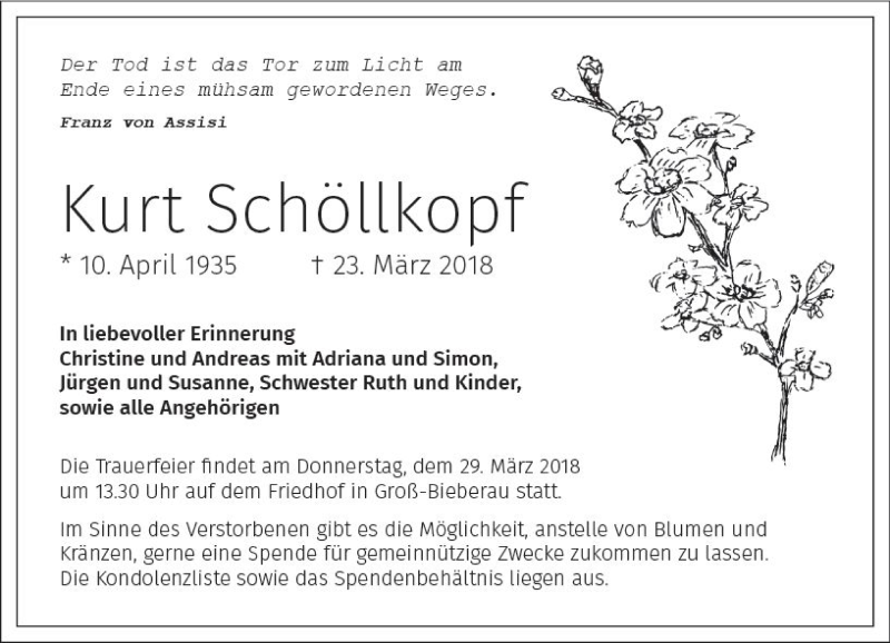  Traueranzeige für Kurt Schöllkopf vom 27.03.2018 aus Trauerportal Rhein Main Presse