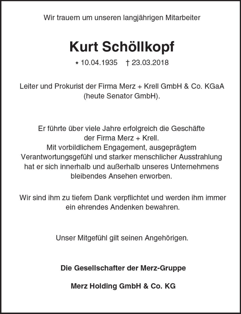  Traueranzeige für Kurt Schöllkopf vom 29.03.2018 aus Trauerportal Rhein Main Presse