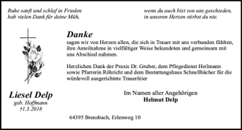 Traueranzeige von Liesel Delp von Trauerportal Rhein Main Presse