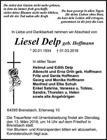 Traueranzeige von Liesel Delp von Trauerportal Rhein Main Presse