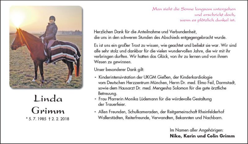  Traueranzeige für Linda Grimm vom 03.03.2018 aus Trauerportal Rhein Main Presse