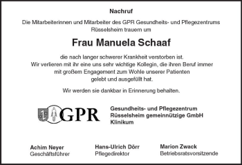 Traueranzeige von Manuela Schaaf von Trauerportal Rhein Main Presse