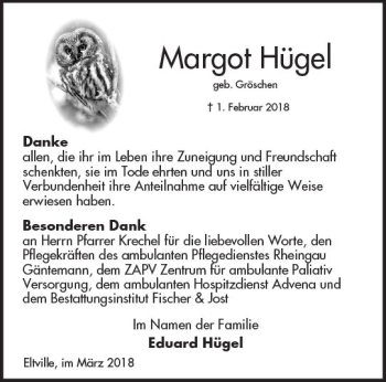 Traueranzeige von Margot Hügel von Trauerportal Rhein Main Presse